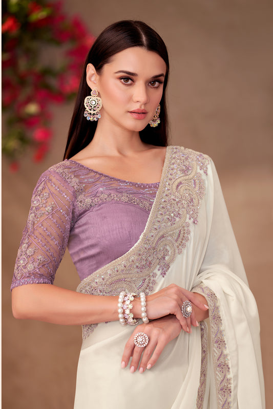 White Georgette Embroidered Border Work Party Wear Saree With Blouse