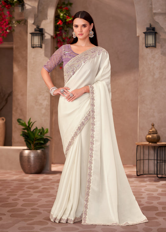 White Georgette Embroidered Border Work Party Wear Saree With Blouse