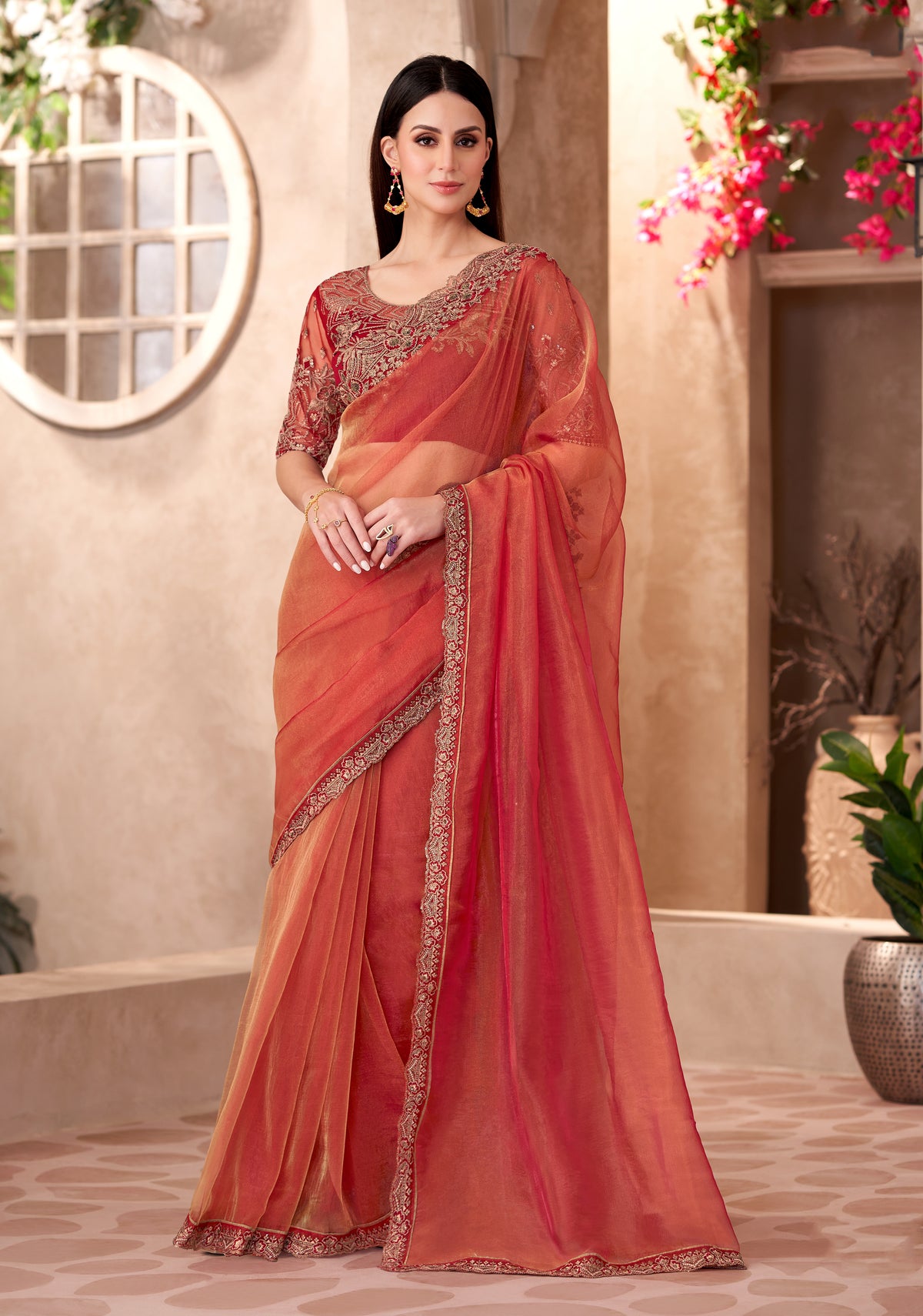 Tissue silk Party wear Saree Rust Color With Embroidery Work