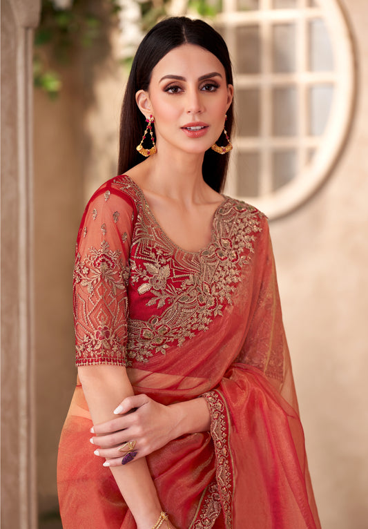 Tissue silk Party wear Saree Rust Color With Embroidery Work
