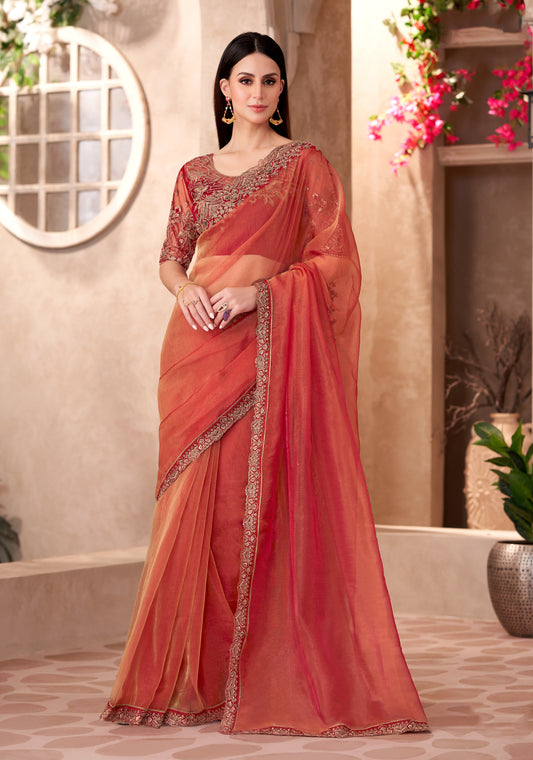 Tissue silk Party wear Saree Rust Color With Embroidery Work