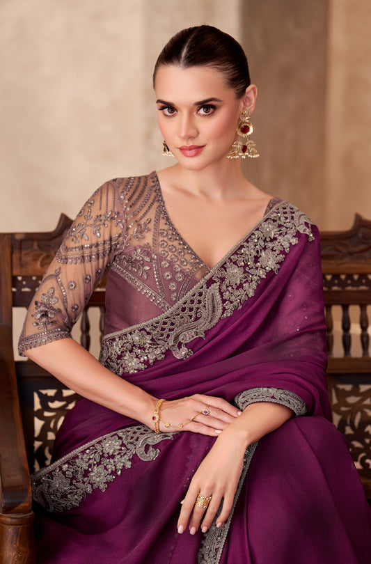 Satin Chiffon Party wear Saree Burgundy Color With Embroidery Work