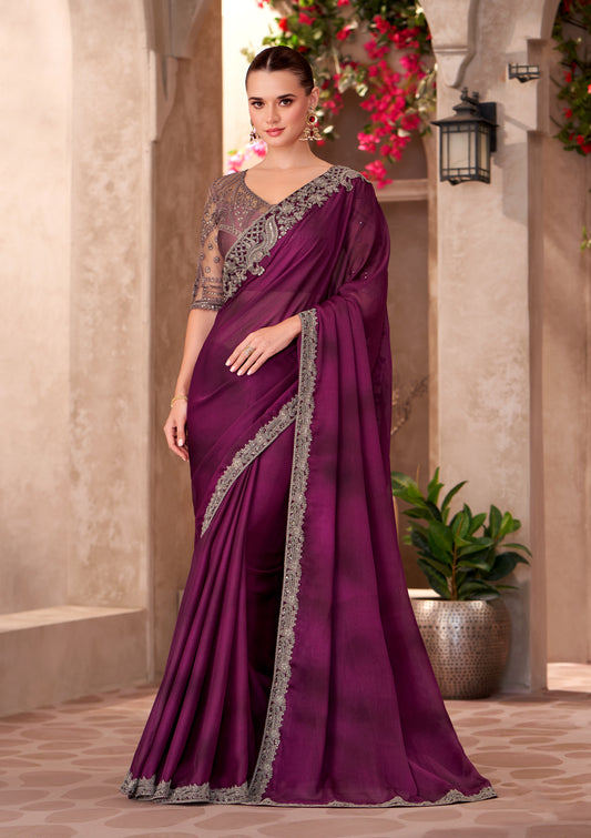 Satin Chiffon Party wear Saree Burgundy Color With Embroidery Work