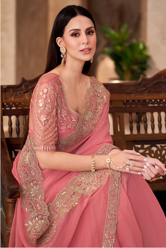 Peach Georgette Embroidered Border Work Party Wear Saree With Blouse