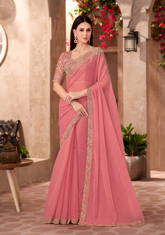 Peach Georgette Embroidered Border Work Party Wear Saree With Blouse