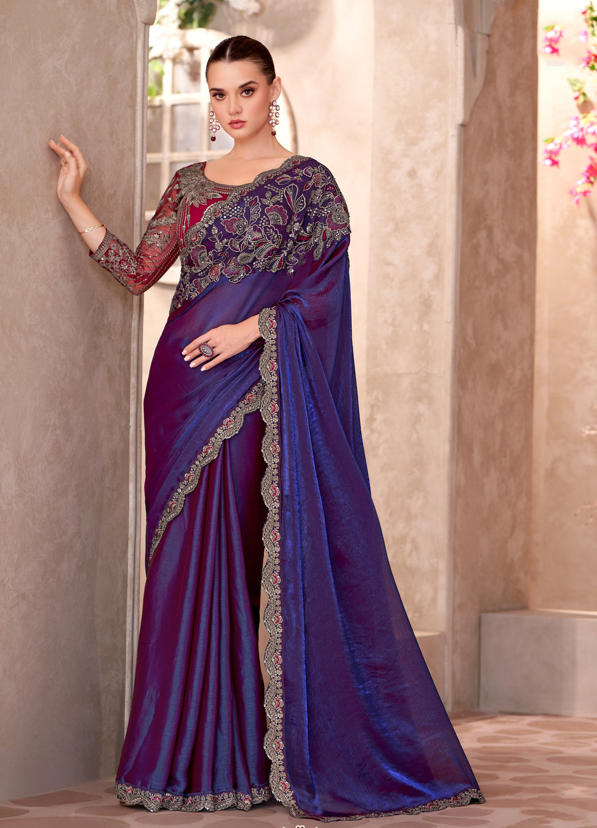 Satin georgette Party wear Saree Violet Color With Embroidery Work