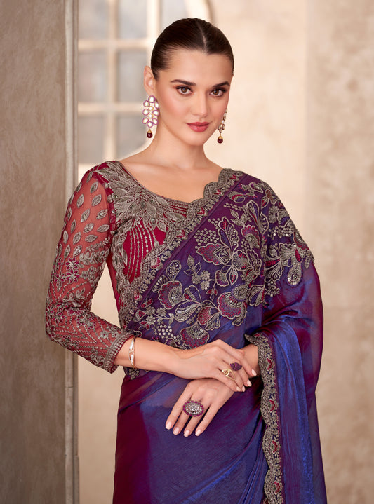 Satin georgette Party wear Saree Violet Color With Embroidery Work