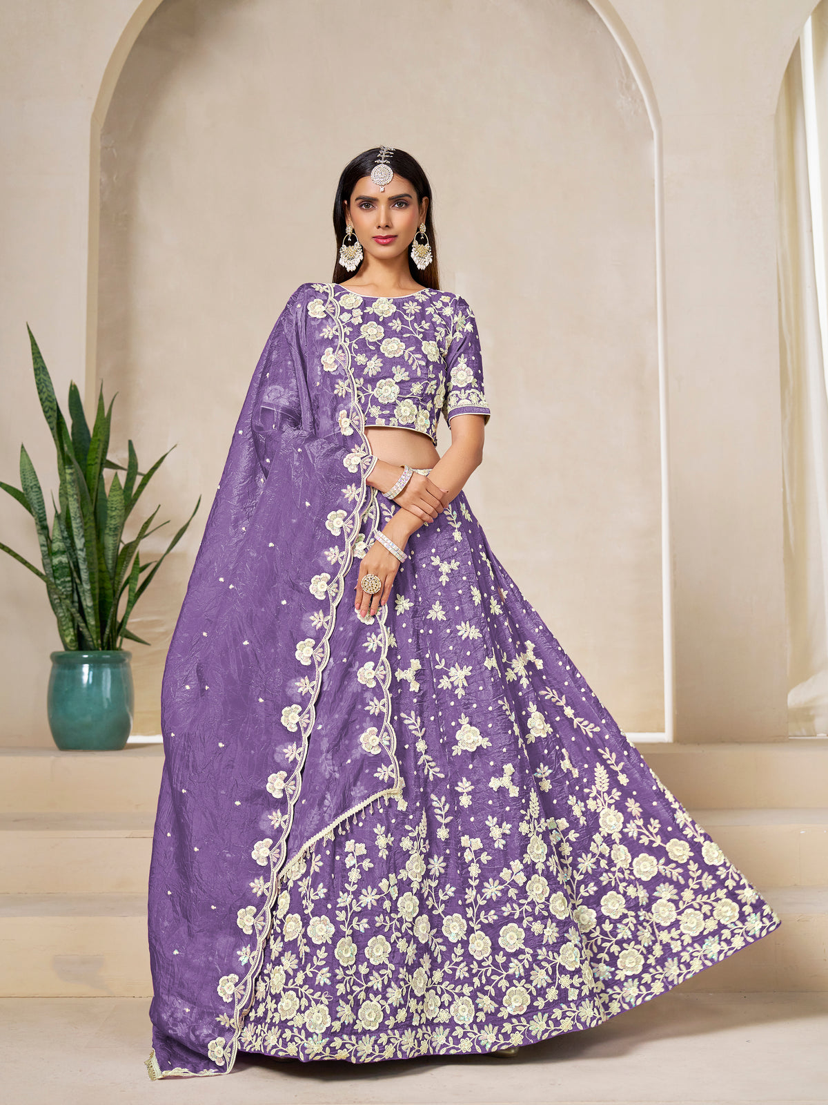 Light Purple Embroidered Crush Organza Lehenga Choli
