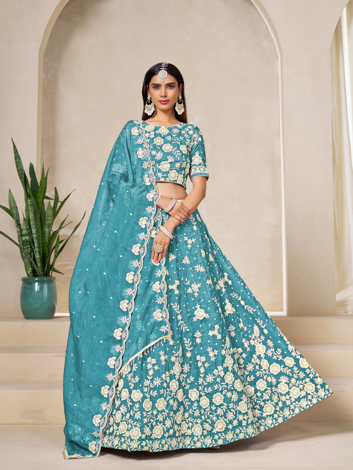 Aqua Blue Embroidered Crush Organza Lehenga Choli