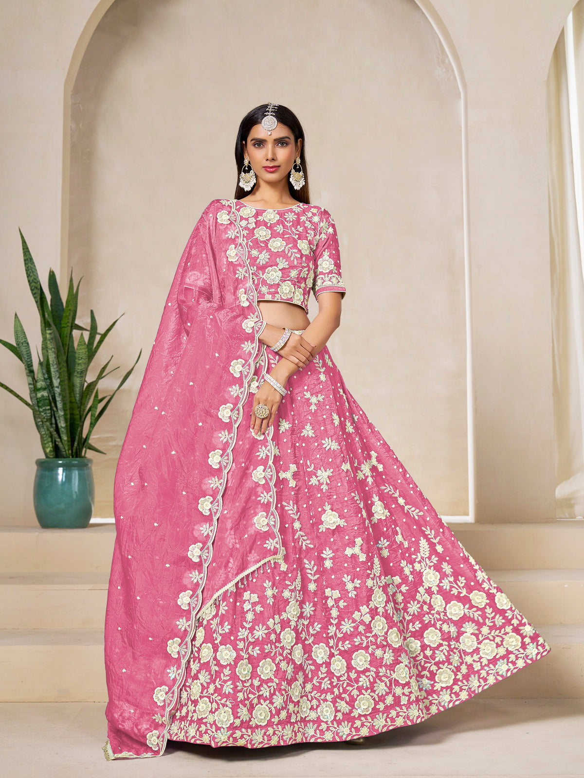 Rose Pink Embroidered Crush Organza Lehenga Choli