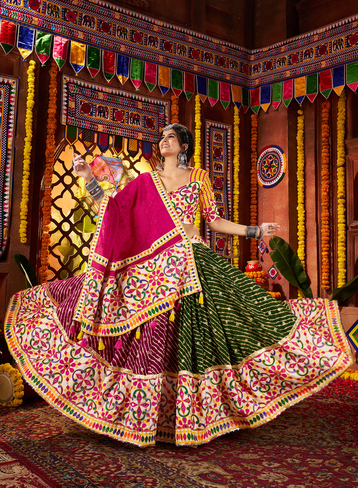 Multicolor Viscose Cotton Navratri Lehenga Choli Set with Mirror & Thread Embroidery