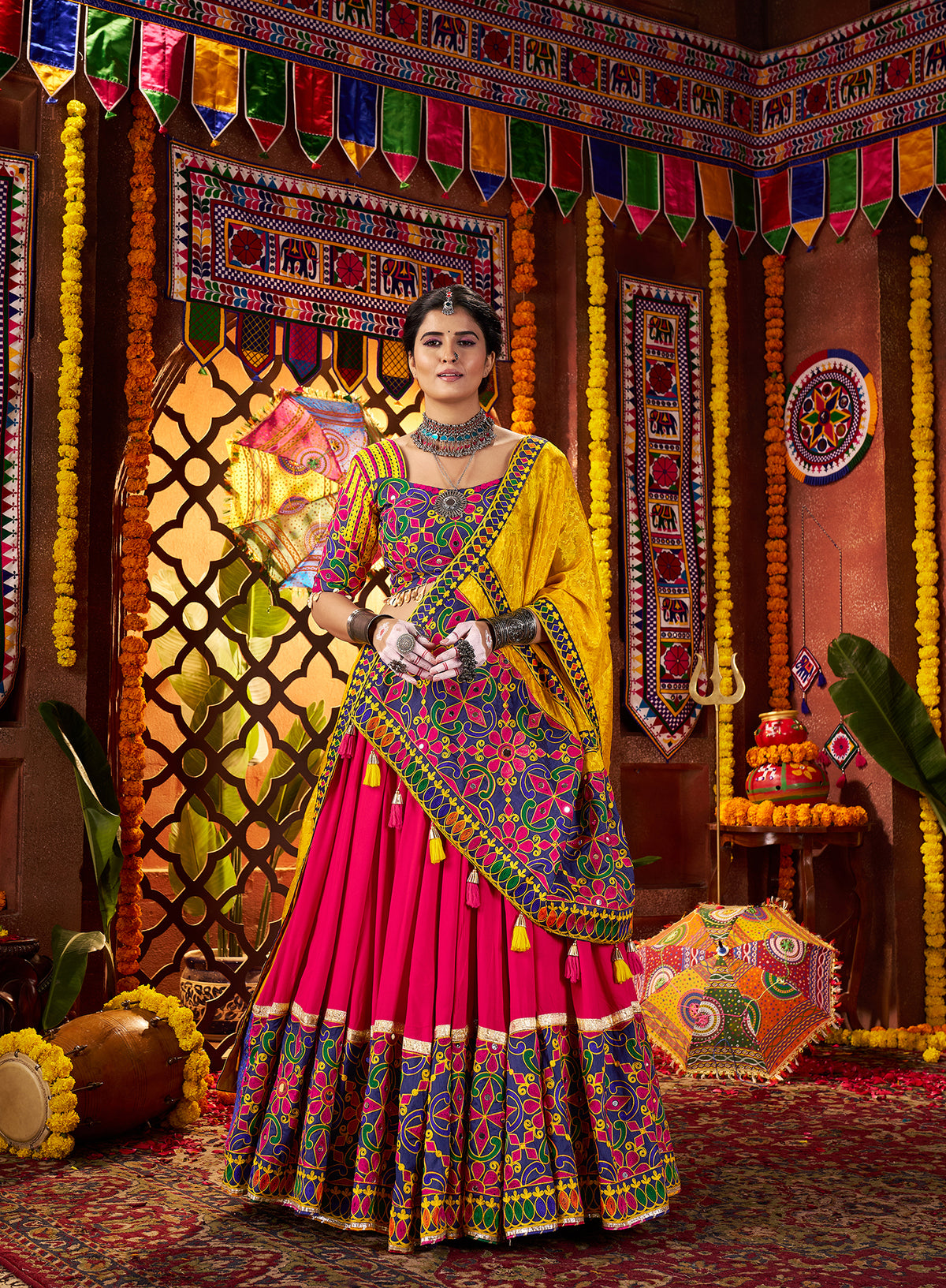 Multicolor Viscose Cotton Navratri Wear Lehenga Choli Set with Mirror & Thread Embroidery