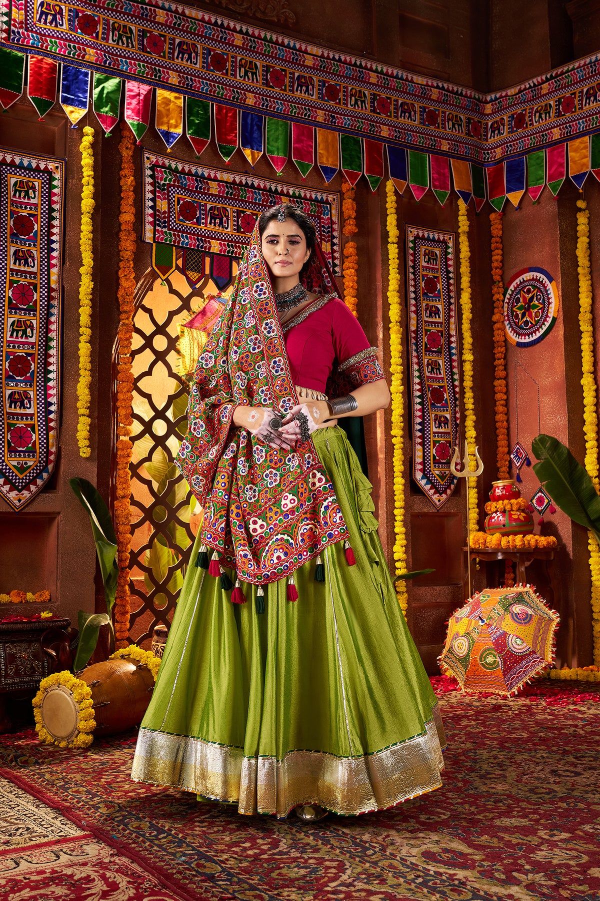 Designer Parrot Green Silk Navratri Chaniya Choli with Embroidery Work