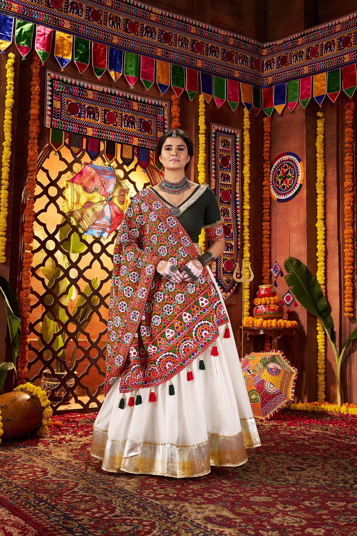 Designer White Silk Navratri Chaniya Choli with Embroidery Work