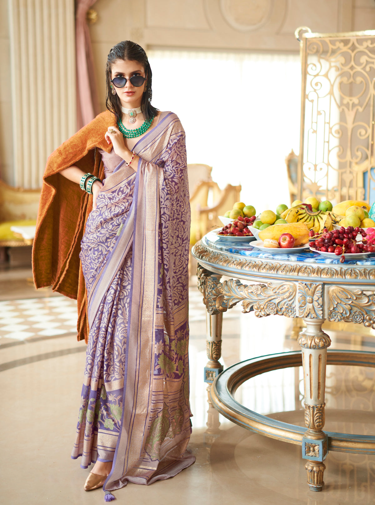 Lavender Fancy Foil Print Work Georgette Classic Saree