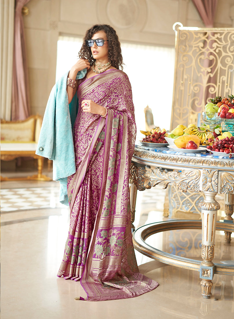 Magenta Fancy Foil Print Work Georgette Classic Saree