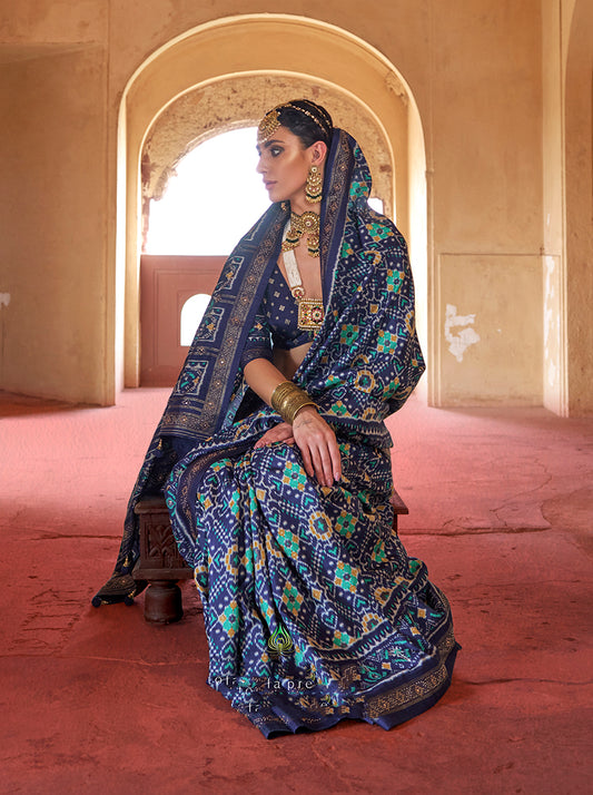 Navy Blue Silk Patola Design Saree for Festival