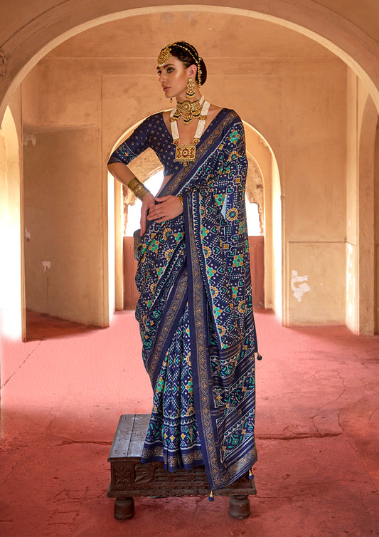 Navy Blue Silk Patola Design Saree for Festival