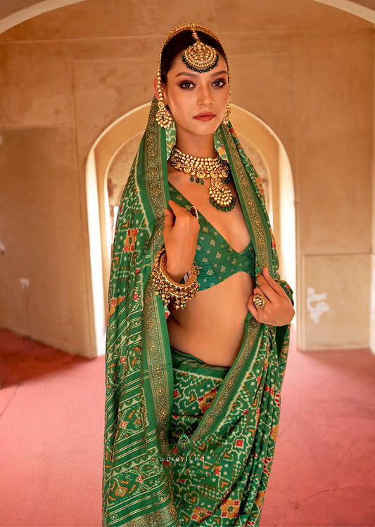 Green Silk Patola Design Saree for Festival