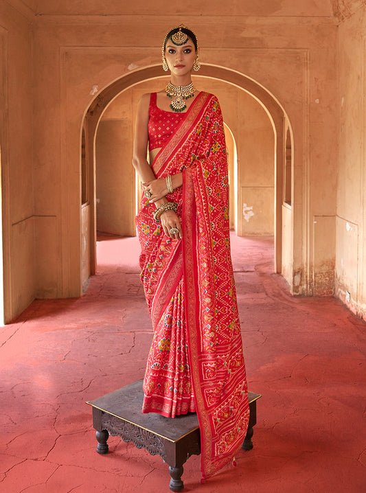 Red  Silk Patola Design Saree for Festival