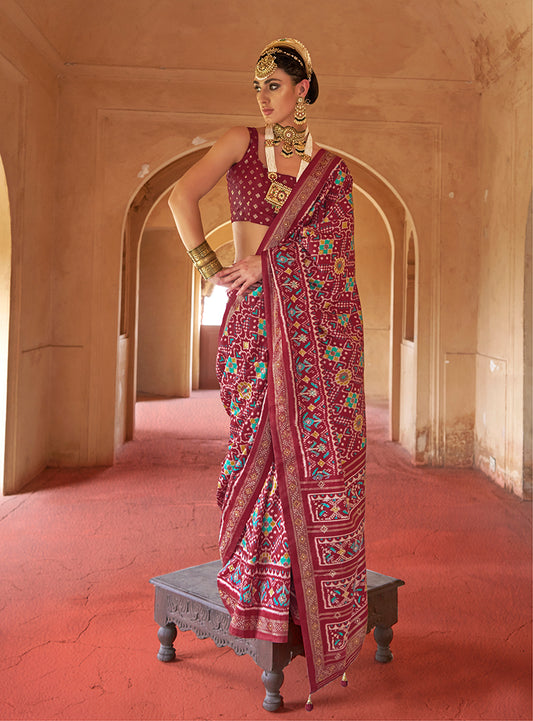 Maroon Silk Patola Design Saree for Festival