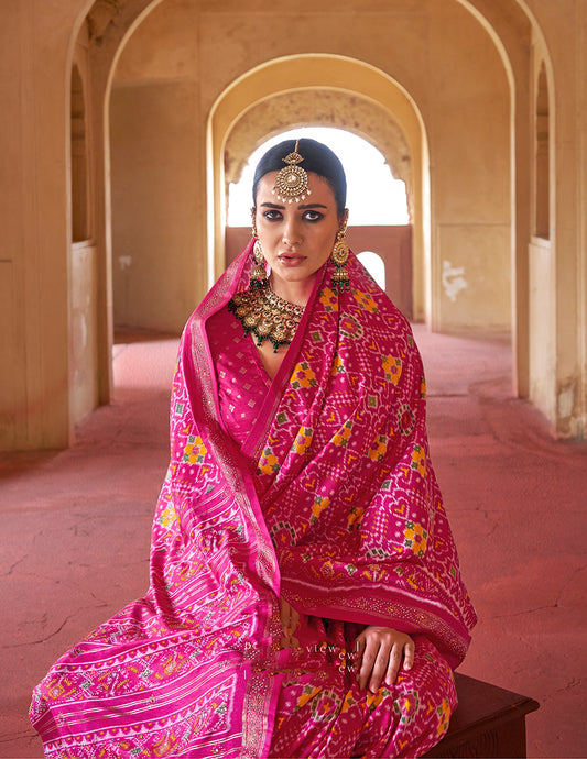 Rani Pink Silk Patola Design Saree for Festival