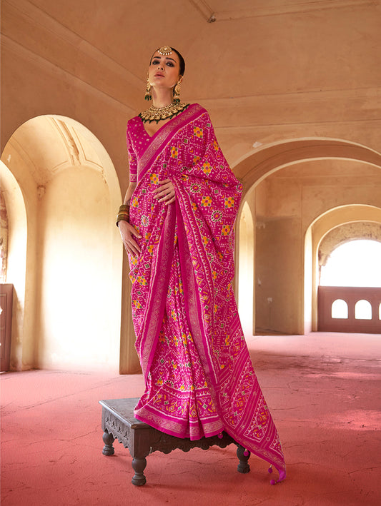 Rani Pink Silk Patola Design Saree for Festival