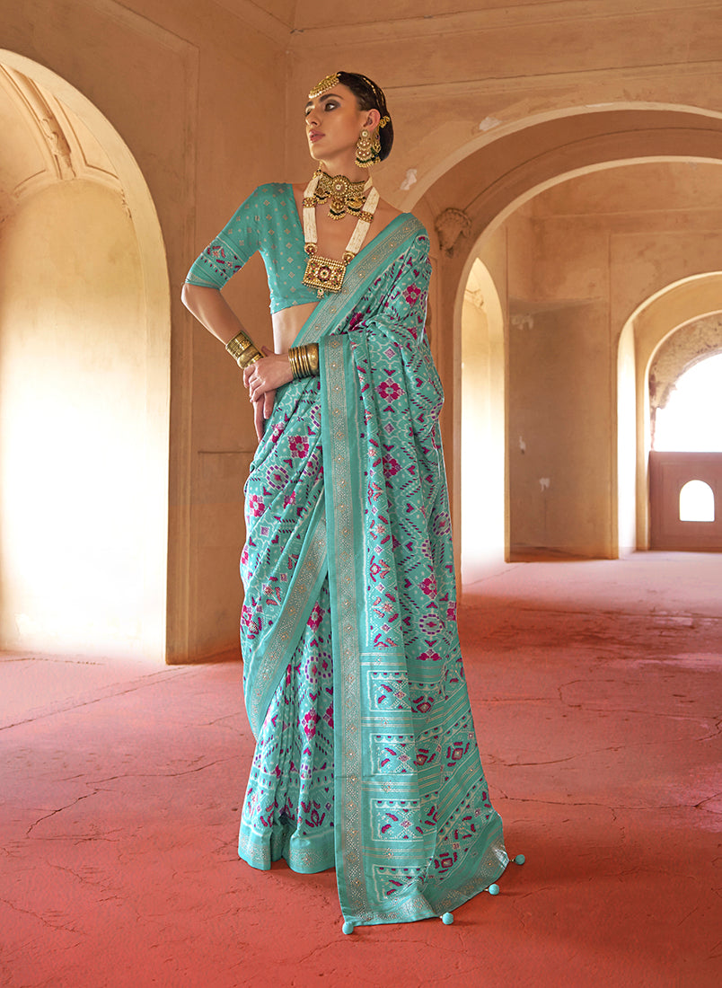Turquoise Silk Patola Design Saree for Festival