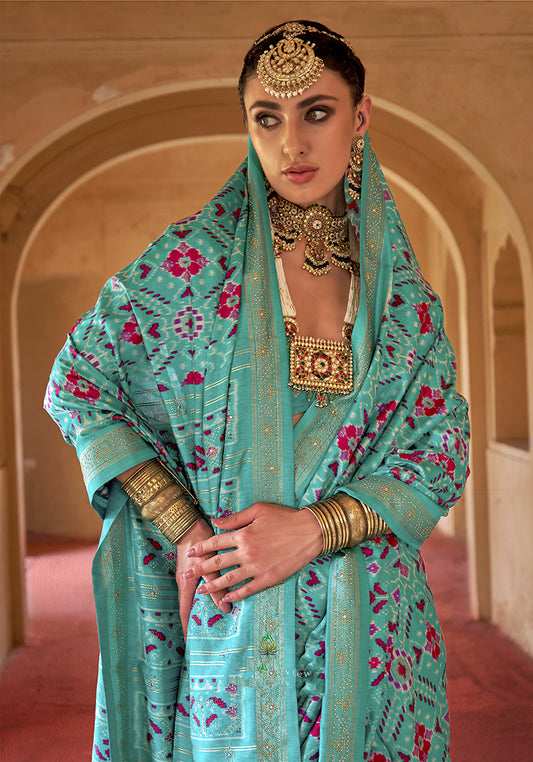 Turquoise Silk Patola Design Saree for Festival