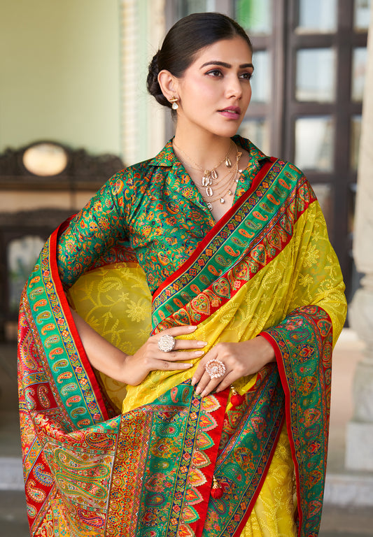 Mustard Lucknowi Viscose Georgette Saree with Foil Print Design