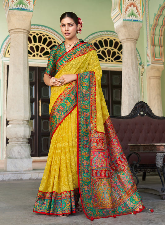 Mustard Lucknowi Viscose Georgette Saree with Foil Print Design