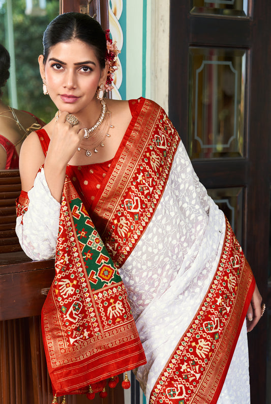 White Lucknowi Viscose Georgette Saree with Foil Print Design