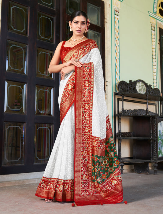 White Lucknowi Viscose Georgette Saree with Foil Print Design
