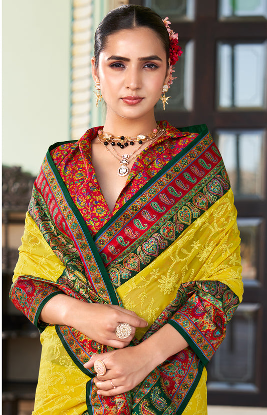 Yellow Lucknowi Viscose Georgette Saree with Foil Print Design