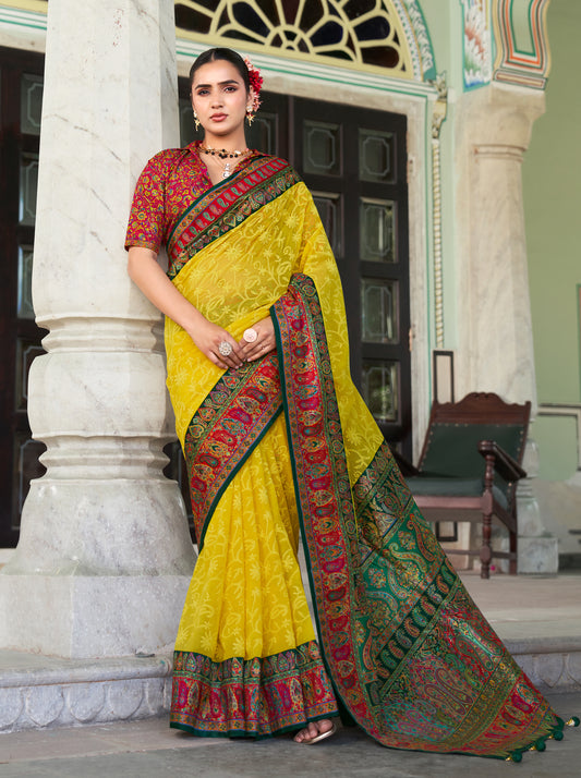 Yellow Lucknowi Viscose Georgette Saree with Foil Print Design