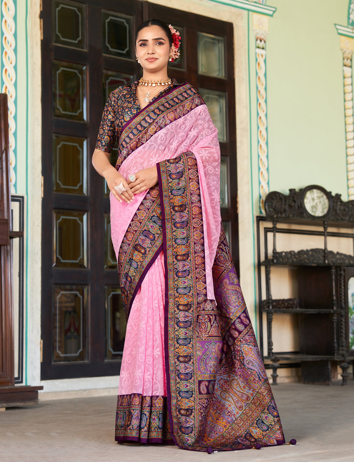 Light Pink Lucknowi Viscose Georgette Saree with Foil Print Design