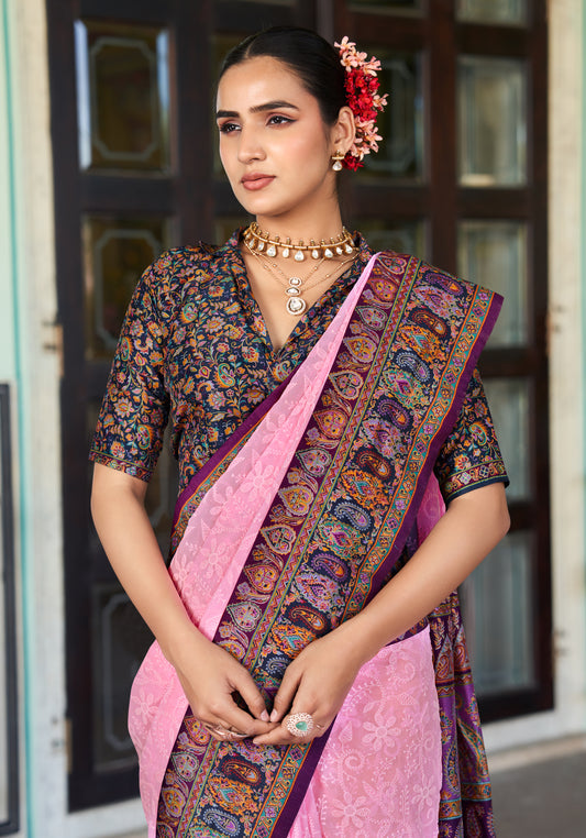 Light Pink Lucknowi Viscose Georgette Saree with Foil Print Design