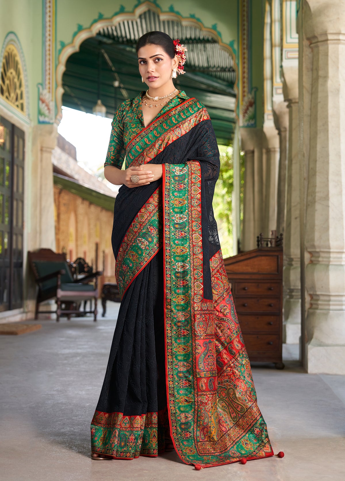 Black Lucknowi Viscose Georgette Saree with Foil Print Design