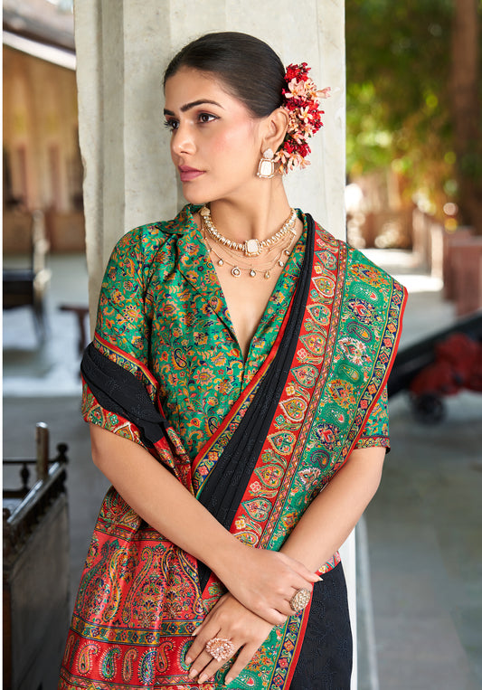 Black Lucknowi Viscose Georgette Saree with Foil Print Design