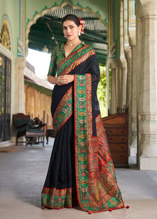 Black Lucknowi Viscose Georgette Saree with Foil Print Design