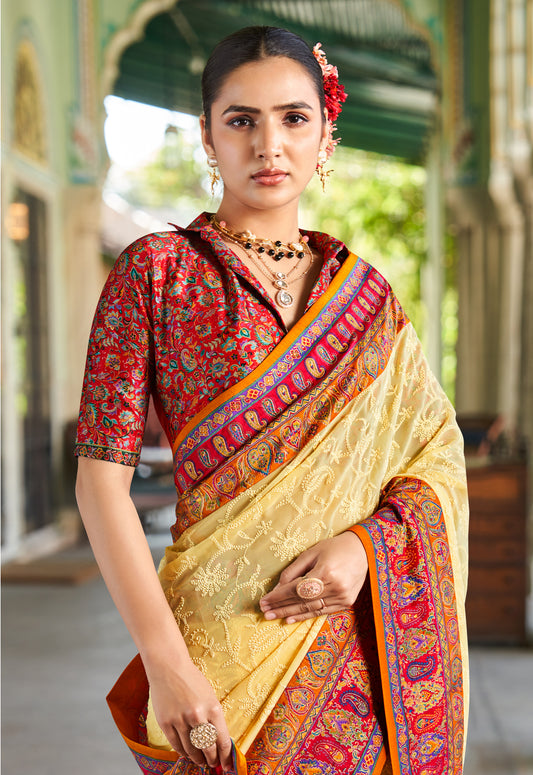 Light Yellow Lucknowi Viscose Georgette Saree with Foil Print Design