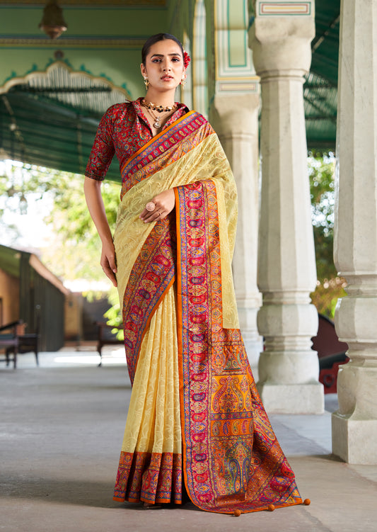 Light Yellow Lucknowi Viscose Georgette Saree with Foil Print Design