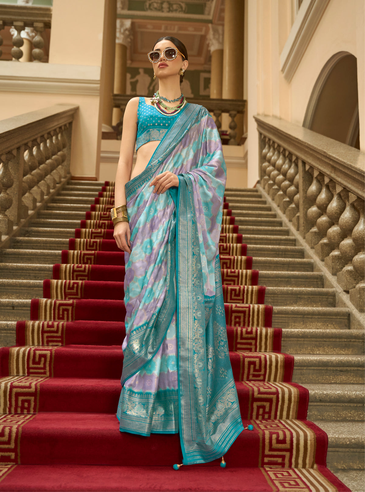 Multi Color Satin Weaving Print Classic Causal Saree