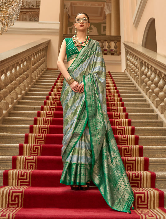 Green Color Satin Weaving Print Classic Causal Saree