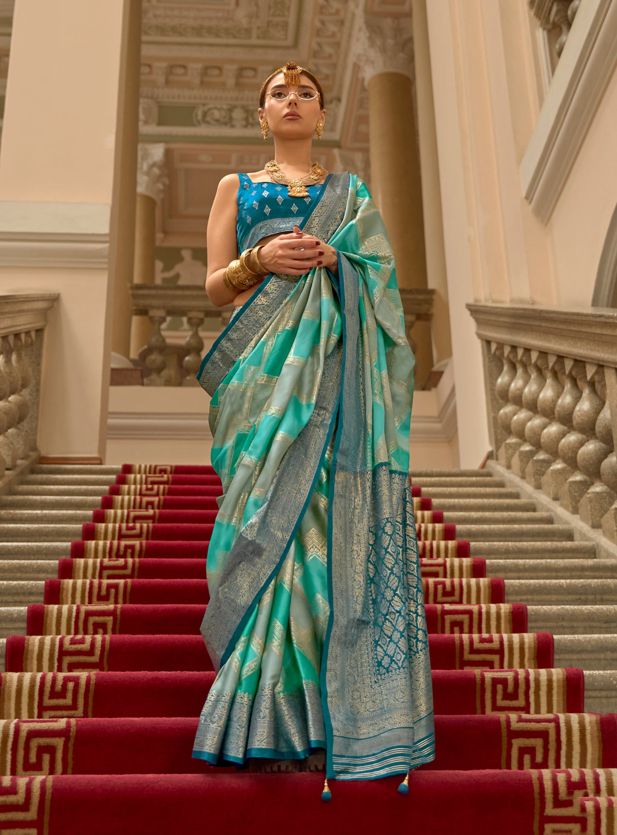 Turquoise Satin Weaving Print Classic Causal Saree