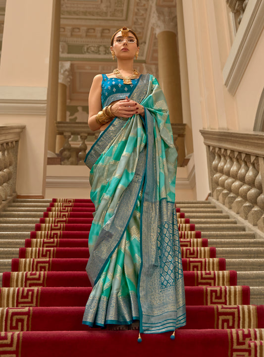 Turquoise Satin Weaving Print Classic Causal Saree