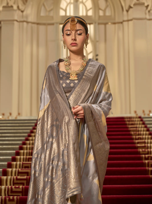 Grey Satin Weaving Print Classic Causal Saree