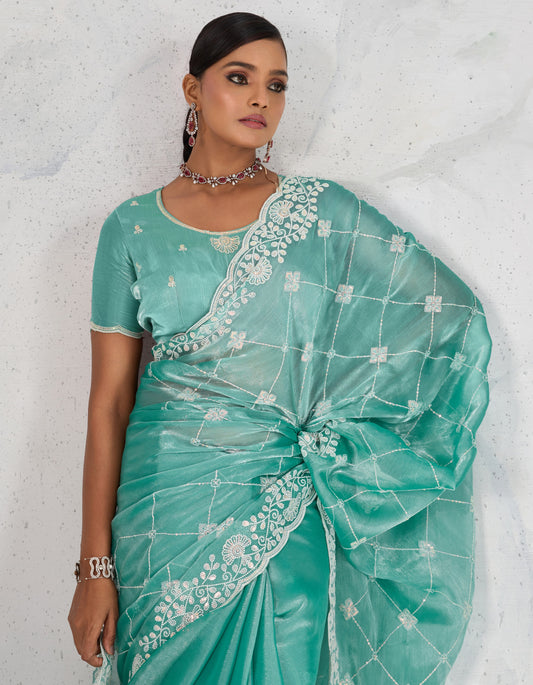 Turquoise Thread Work Soft Burberry Ceremonial Trendy Saree