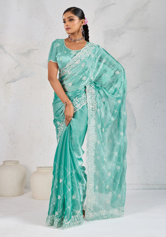 Turquoise Thread Work Soft Burberry Ceremonial Trendy Saree