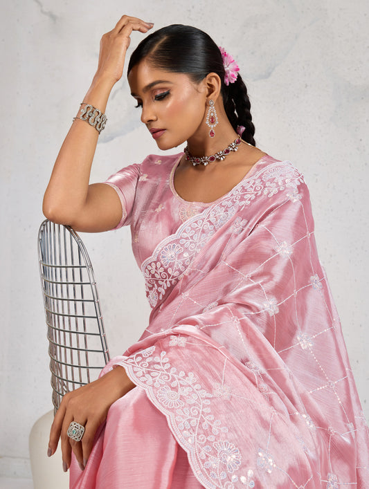 Light Pink Thread Work Soft Burberry Ceremonial Trendy Saree
